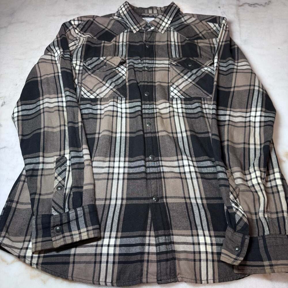 44mm Legendary Goods Workwear Brown Black Plaid Long Sleeve Snap Shirt Large